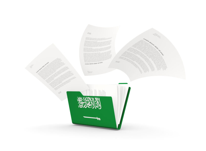 Folder with flag of saudi arabia and files isolated on white. 3D illustration