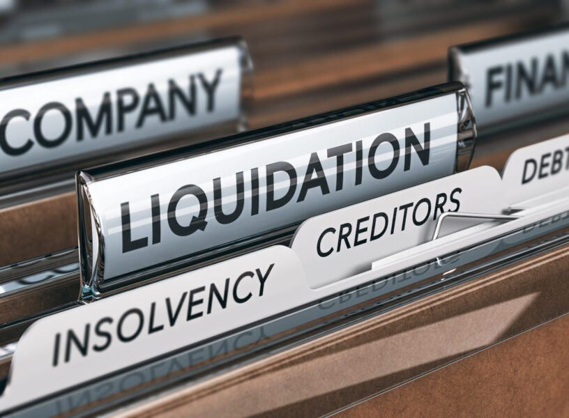 Company liquidation concept. File and tabs with the words insolvency, creditors and debts. 3D illustration