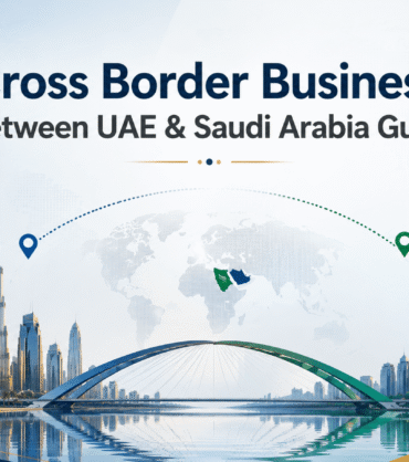 Cross border business between UAE and Saudi Arabia guide featuring Dubai and Riyadh skylines with corporate trade and investment visuals.
