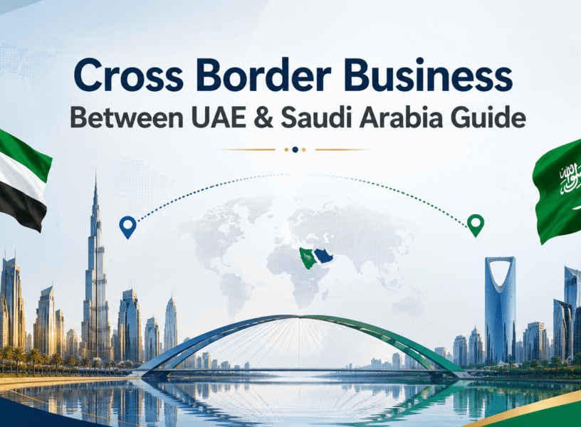 Cross border business between UAE and Saudi Arabia guide featuring Dubai and Riyadh skylines with corporate trade and investment visuals.